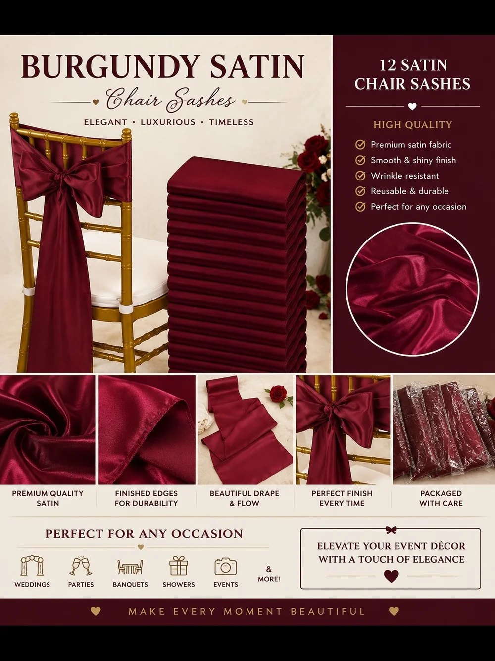 Burgundy Satin Chair Sashes - 12 Pack